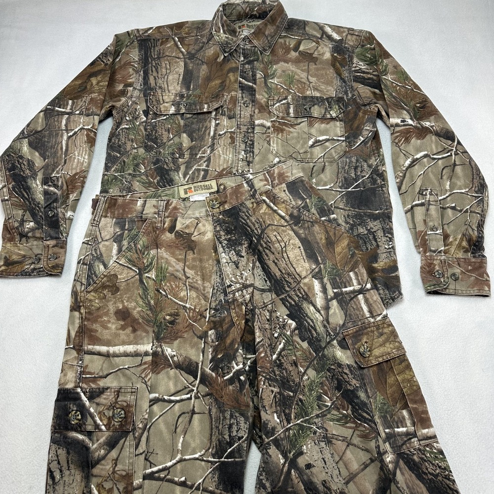 Russell Outdoors Hunting Outfit Mens Medium Camo Explorer Shirt Cargo Pants Set